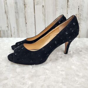 Carmen Marc Valvo Faith Black Beaded Peep Toe Heels Size 8